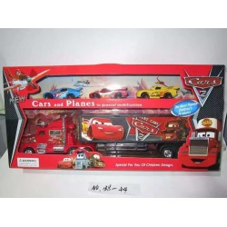 Red truck with racing cars